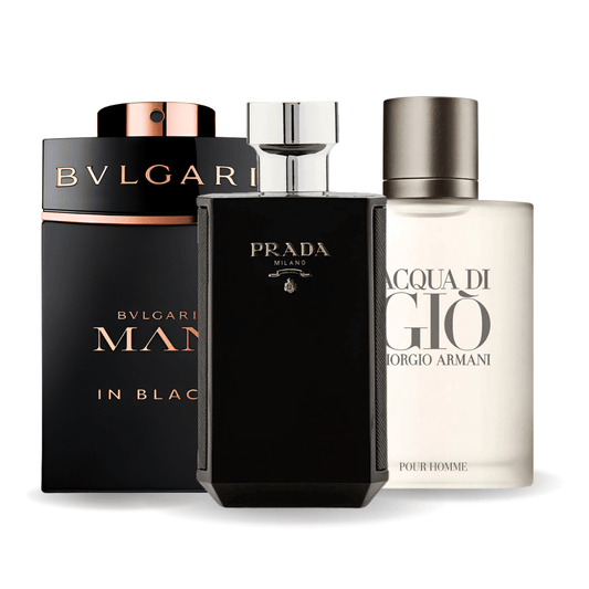 SET DI 3 PROFUMI: BVLGARI IN BLACK, GIORGIO ARMANI ACQUA DI GIO, L'HOMME PRADA INTENSE 100ML